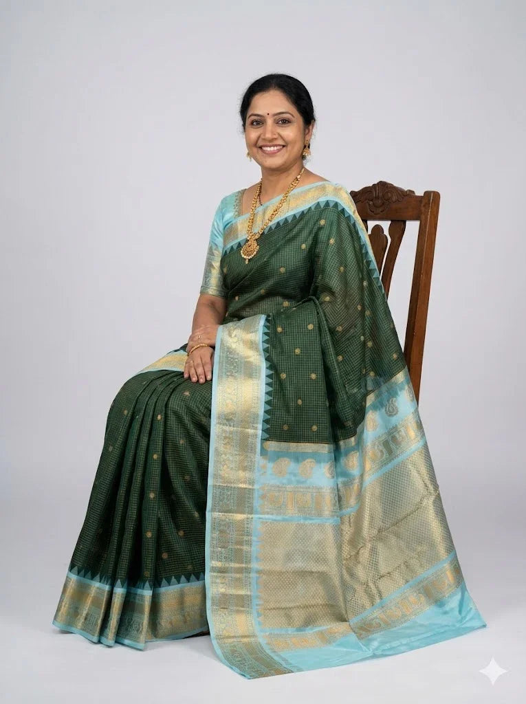 Pure Gadwal Silk Saree in Bottle Green &amp; Sky Blue | Gold Zari Checks, Temple Border &amp; Rich Contrast Pallu | Traditional Handloom Wedding Saree - pochampallysarees.com