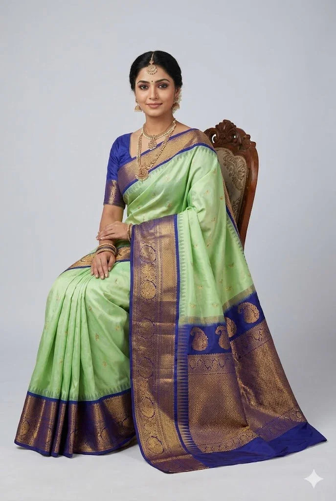 Traditional Pista Green Pure Gadwal Silk Saree with Royal Blue Zari Border - pochampallysarees.com