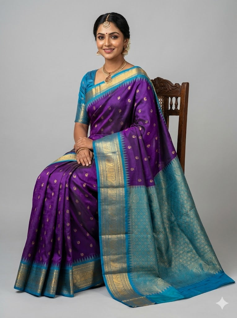 Pure Gadwal Silk Saree in Royal Purple &amp; Turquoise Blue with Rich Gold Zari Border | Wedding Collection - pochampallysarees.com