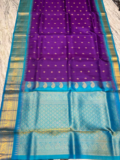 Pure Gadwal Silk Saree in Royal Purple &amp; Turquoise Blue with Rich Gold Zari Border | Wedding Collection - pochampallysarees.com