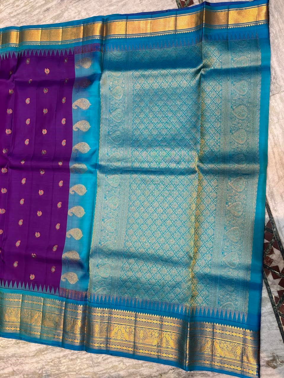 Pure Gadwal Silk Saree in Royal Purple &amp; Turquoise Blue with Rich Gold Zari Border | Wedding Collection - pochampallysarees.com