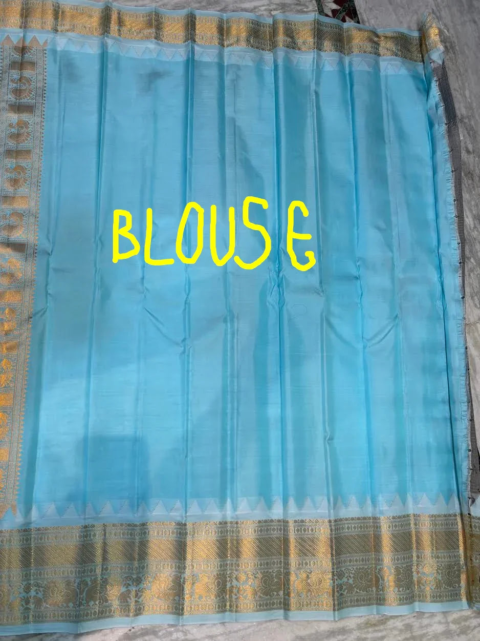 Pure Gadwal Silk Saree in Purple &amp; Sky Blue | Gold Zari Checks &amp; Traditional Temple Border | Festive &amp; Wedding Wear - pochampallysarees.com