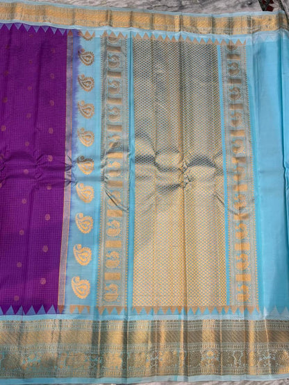 Pure Gadwal Silk Saree in Purple &amp; Sky Blue | Gold Zari Checks &amp; Traditional Temple Border | Festive &amp; Wedding Wear - pochampallysarees.com