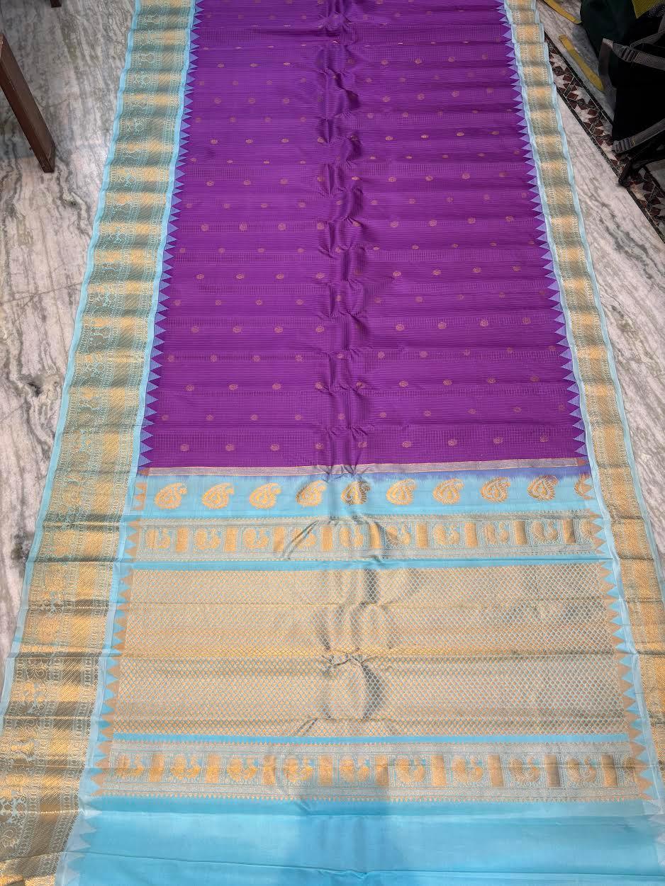 Pure Gadwal Silk Saree in Purple &amp; Sky Blue | Gold Zari Checks &amp; Traditional Temple Border | Festive &amp; Wedding Wear - pochampallysarees.com