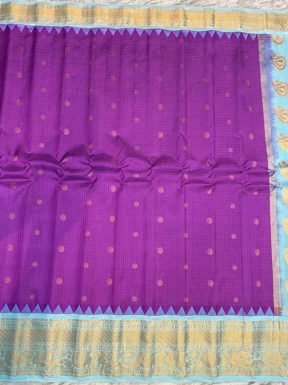 Pure Gadwal Silk Saree in Purple &amp; Sky Blue | Gold Zari Checks &amp; Traditional Temple Border | Festive &amp; Wedding Wear - pochampallysarees.com