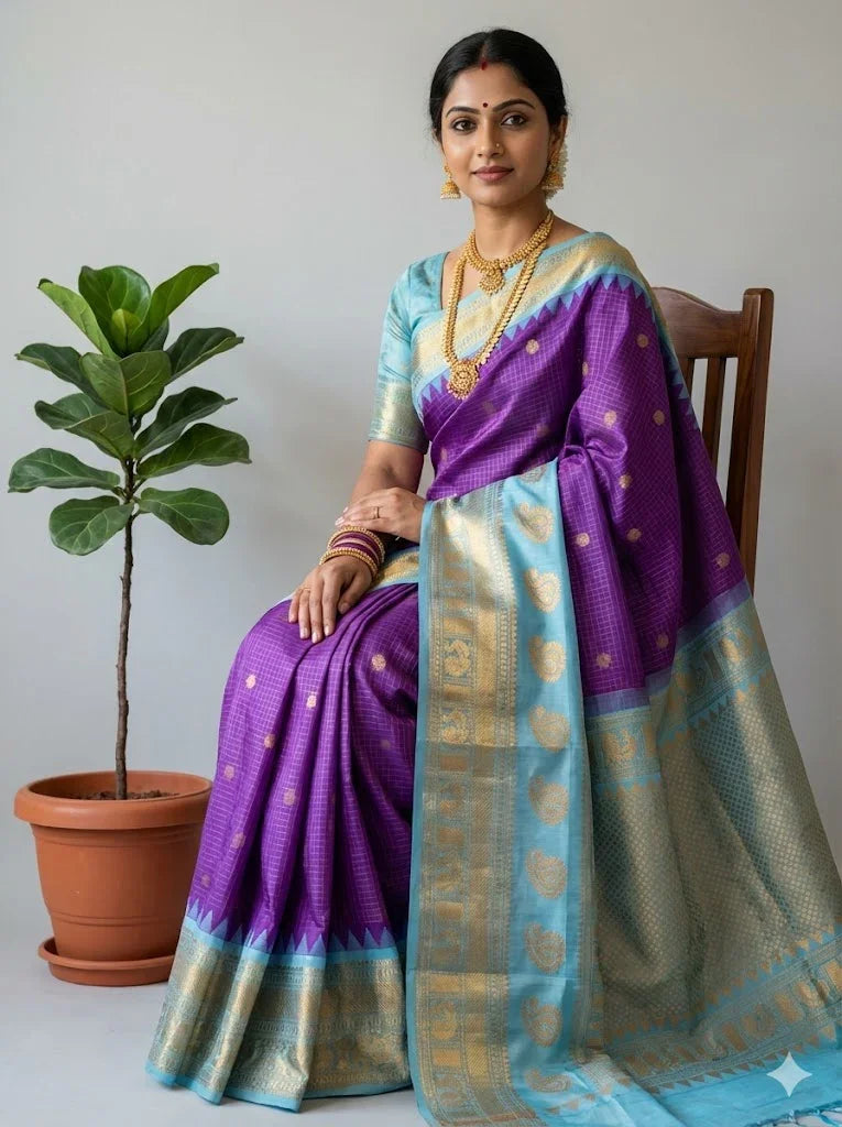Pure Gadwal Silk Saree in Purple &amp; Sky Blue | Gold Zari Checks &amp; Traditional Temple Border | Festive &amp; Wedding Wear - pochampallysarees.com