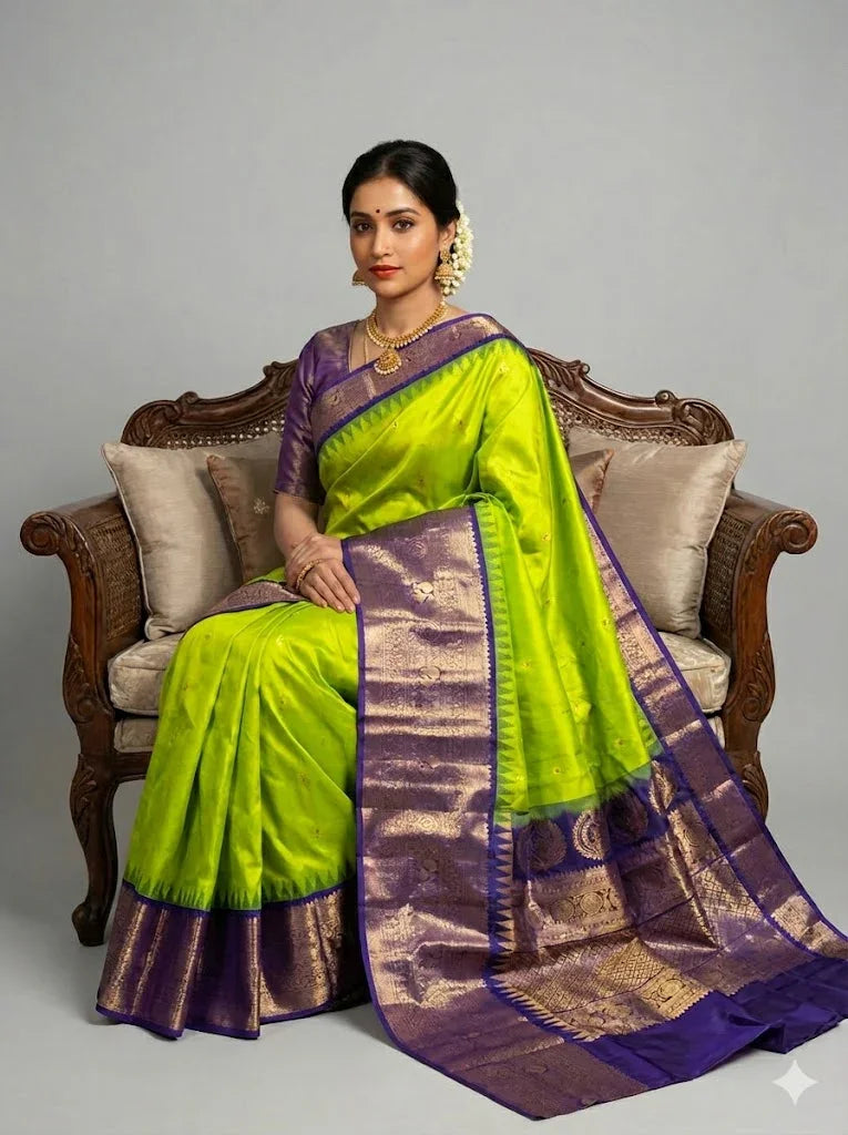 Lime Green Pure Gadwal Silk Saree with Dark Lavender Zari Border | Authentic Handloom Traditional Wear - pochampallysarees.com