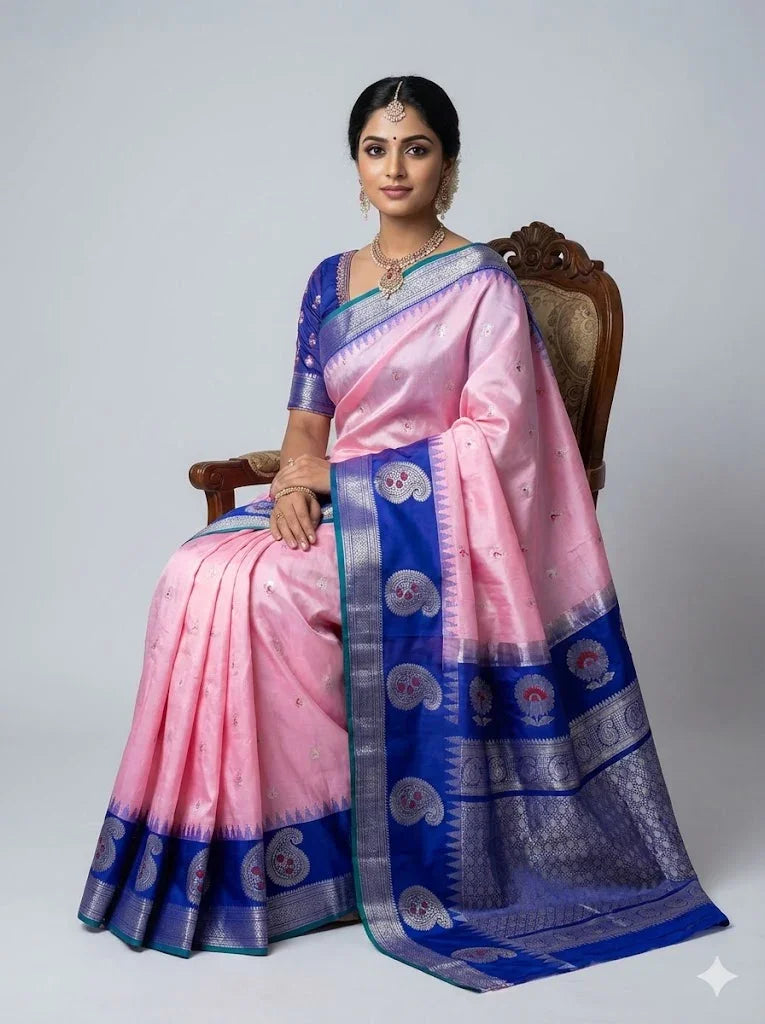 Pure Gadwal Silk Saree in Baby Pink &amp; Royal Blue | Handloom Silver Zari Border Pattu Saree with Paisley Motifs | Traditional Wedding &amp; Festive Wear - pochampallysarees.com