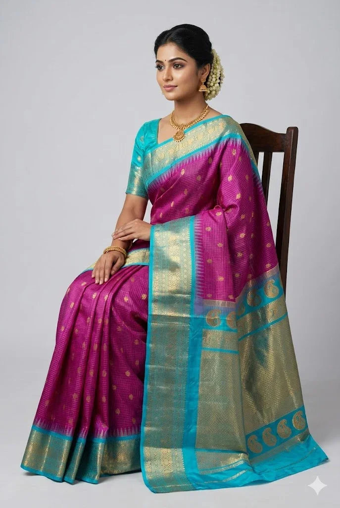 Authentic Pure Gadwal Silk Saree in Magenta Pink with Turquoise Blue Contrast Zari Border | Handwoven Wedding & Festive Wear - pochampallysarees.com