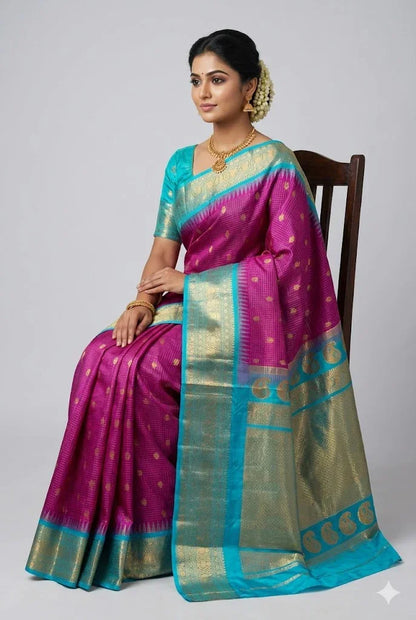 Authentic Pure Gadwal Silk Saree in Magenta Pink with Turquoise Blue Contrast Zari Border | Handwoven Wedding &amp; Festive Wear - pochampallysarees.com