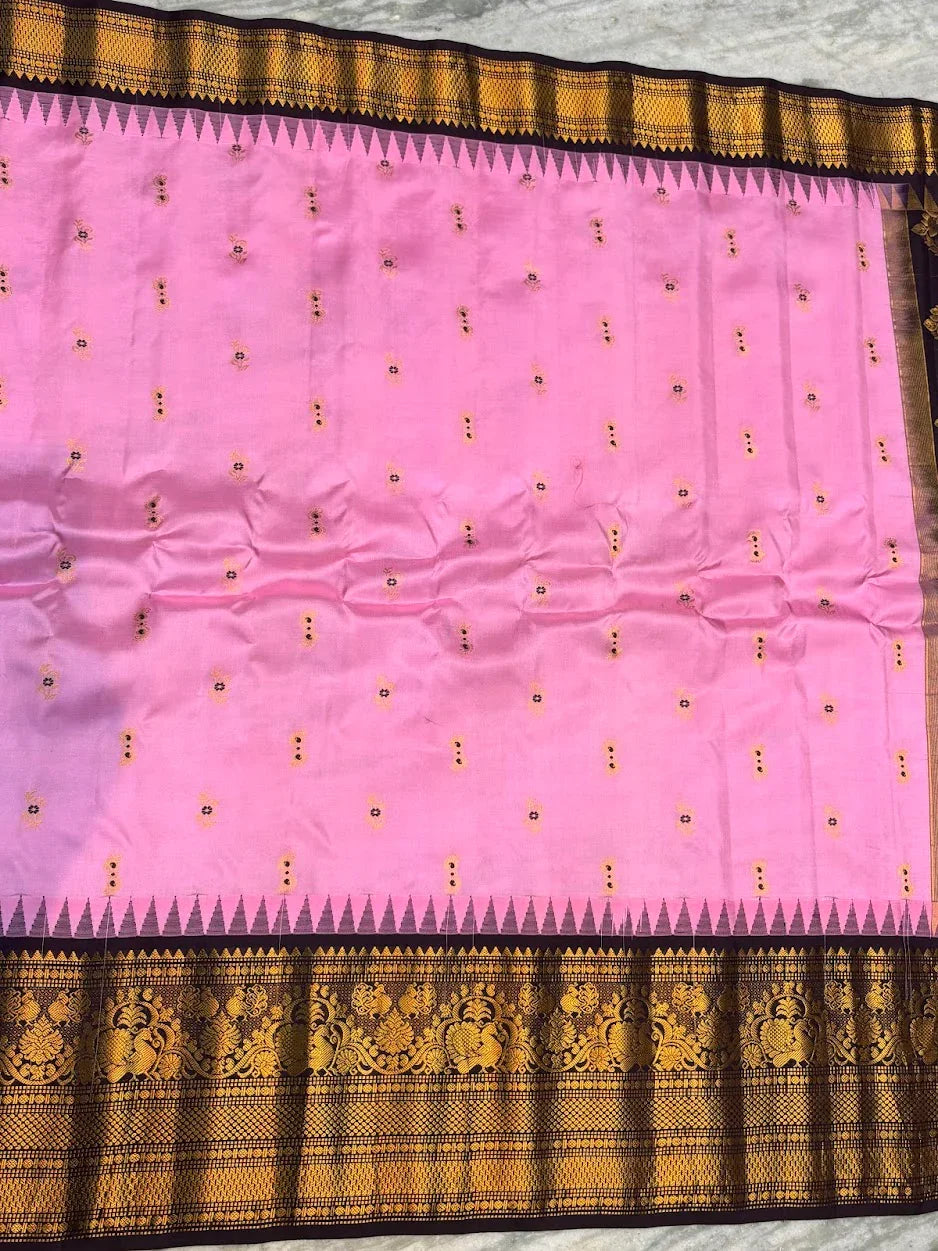 Pure Gadwal Silk Saree: Baby Pink with Contrast Chocolate &amp; Gold Zari Border | Handloom Kuttu Temple Border Saree for Weddings &amp; Festivals - pochampallysarees.com
