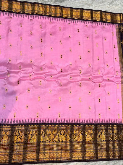 Pure Gadwal Silk Saree: Baby Pink with Contrast Chocolate &amp; Gold Zari Border | Handloom Kuttu Temple Border Saree for Weddings &amp; Festivals - pochampallysarees.com