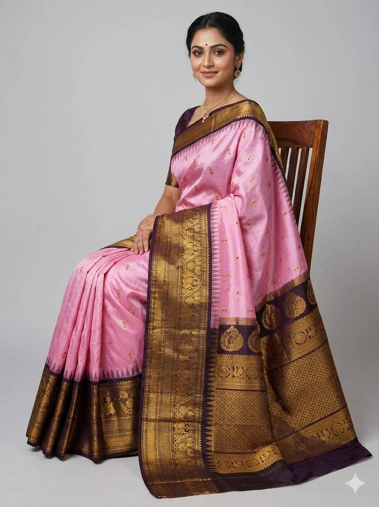 Pure Gadwal Silk Saree: Baby Pink with Contrast Chocolate &amp; Gold Zari Border | Handloom Kuttu Temple Border Saree for Weddings &amp; Festivals - pochampallysarees.com