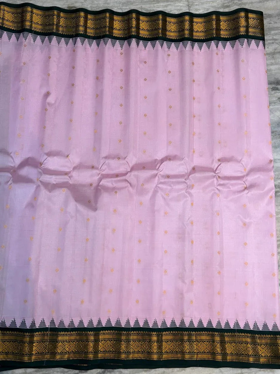 Pure Gadwal Silk Saree in Pastel Pink &amp; Bottle Green with Rich Gold Zari Temple Border | Traditional Handloom Pattu Saree for Weddings &amp; Festivals - pochampallysarees.com