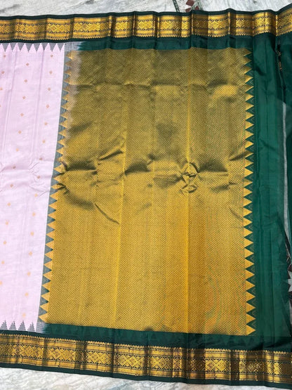 Pure Gadwal Silk Saree in Pastel Pink &amp; Bottle Green with Rich Gold Zari Temple Border | Traditional Handloom Pattu Saree for Weddings &amp; Festivals - pochampallysarees.com