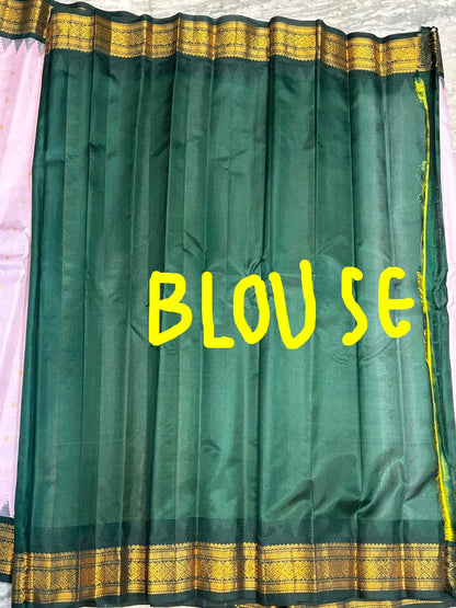 Pure Gadwal Silk Saree in Pastel Pink &amp; Bottle Green with Rich Gold Zari Temple Border | Traditional Handloom Pattu Saree for Weddings &amp; Festivals - pochampallysarees.com