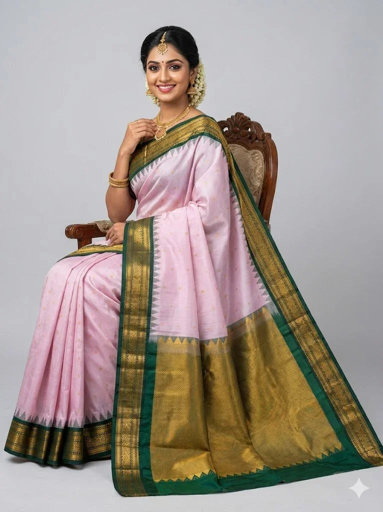 Pure Gadwal Silk Saree in Pastel Pink &amp; Bottle Green with Rich Gold Zari Temple Border | Traditional Handloom Pattu Saree for Weddings &amp; Festivals - pochampallysarees.com