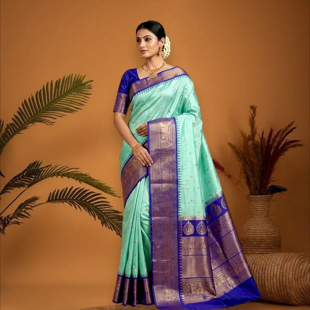 PURE GADWAL SILK BODY BUTTI SEA GREEN PALLU BLUE BIG BORDER AND BLOUSE BLUE SAREE - pochampallysarees.com