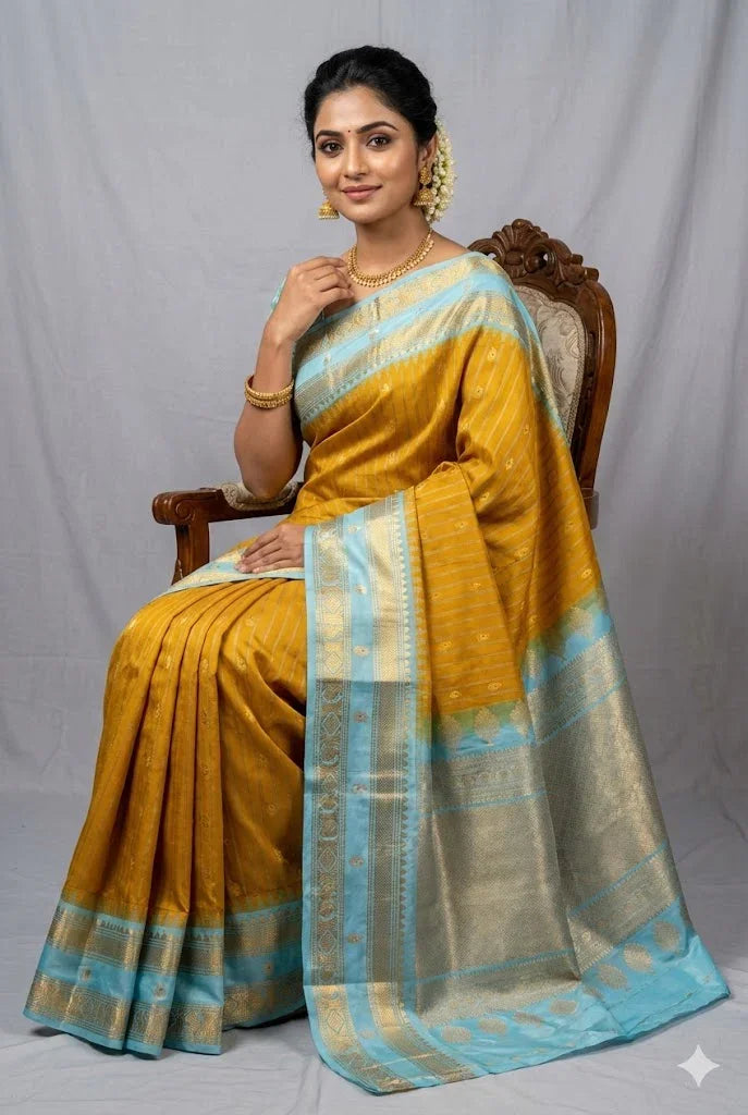 Pure Gadwal Silk Saree in Mustard Yellow & Sky Blue | Rich Zari Pallu & Striped Body | Traditional Handloom Pattu for Weddings - pochampallysarees.com