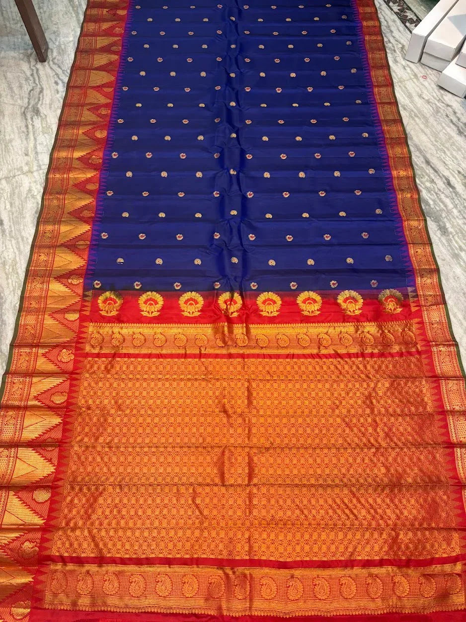 Royal Blue Pure Gadwal Silk Saree with Contrast Red Temple Border &amp; Heavy Zari Pallu | Traditional Handloom Wedding Pattu Saree - pochampallysarees.com