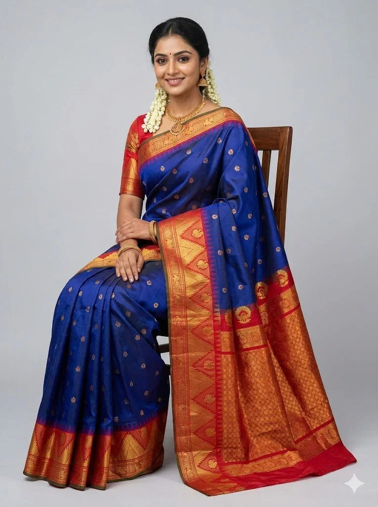 Royal Blue Pure Gadwal Silk Saree with Contrast Red Temple Border & Heavy Zari Pallu | Traditional Handloom Wedding Pattu Saree - pochampallysarees.com