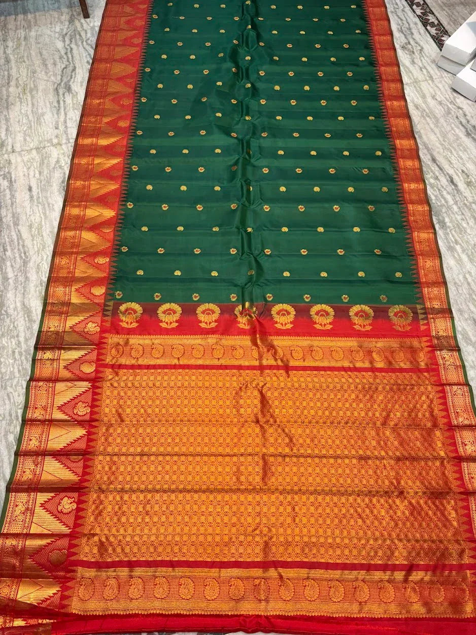 Pure Gadwal Silk Saree in Deep Green &amp; Red | Rich Gold Zari Temple Border | Traditional Handloom Wedding Pattu Saree - pochampallysarees.com