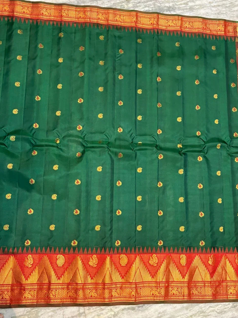 Pure Gadwal Silk Saree in Deep Green &amp; Red | Rich Gold Zari Temple Border | Traditional Handloom Wedding Pattu Saree - pochampallysarees.com