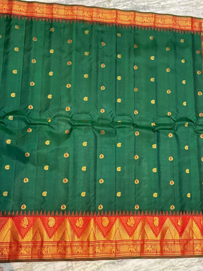 Pure Gadwal Silk Saree in Deep Green &amp; Red | Rich Gold Zari Temple Border | Traditional Handloom Wedding Pattu Saree - pochampallysarees.com