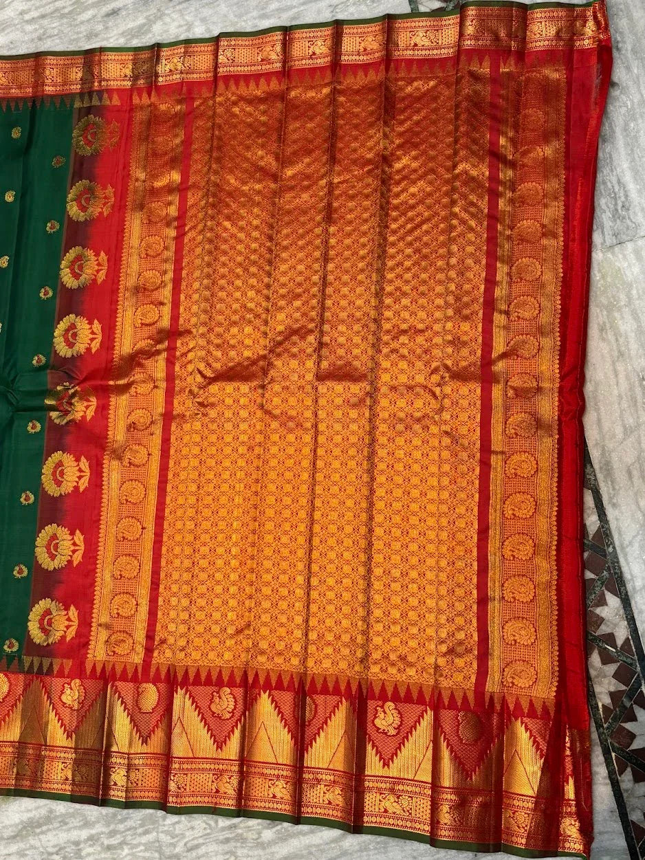 Pure Gadwal Silk Saree in Deep Green &amp; Red | Rich Gold Zari Temple Border | Traditional Handloom Wedding Pattu Saree - pochampallysarees.com