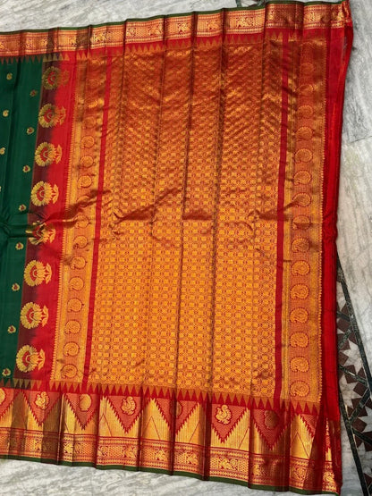 Pure Gadwal Silk Saree in Deep Green &amp; Red | Rich Gold Zari Temple Border | Traditional Handloom Wedding Pattu Saree - pochampallysarees.com