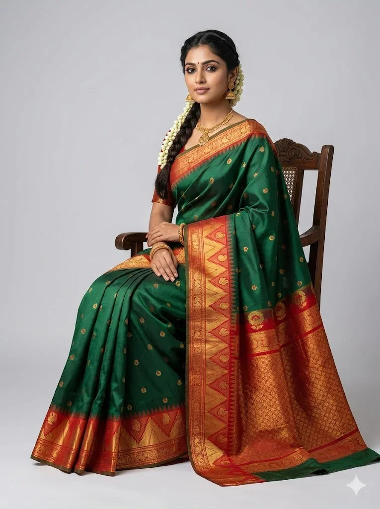 Pure Gadwal Silk Saree in Deep Green &amp; Red | Rich Gold Zari Temple Border | Traditional Handloom Wedding Pattu Saree - pochampallysarees.com