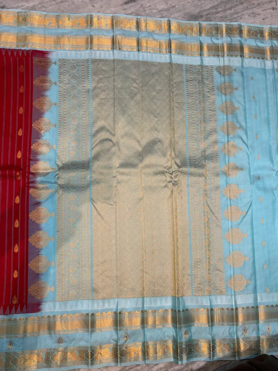 Pure Gadwal Silk Saree in Crimson Red &amp; Sky Blue | Rich Gold Zari Stripe Body &amp; Brocade Pallu | Traditional Wedding Handloom Saree - pochampallysarees.com