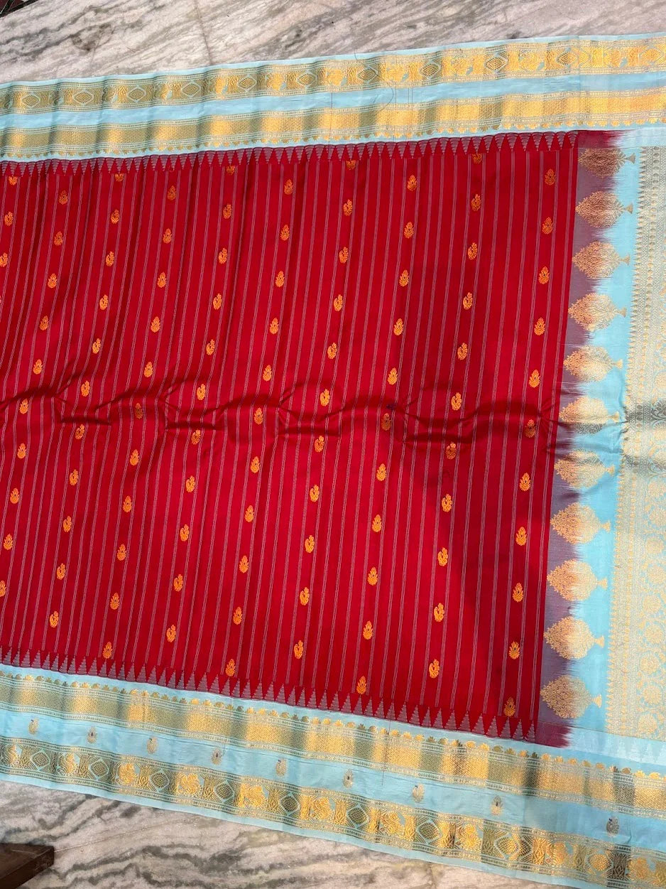 Pure Gadwal Silk Saree in Crimson Red &amp; Sky Blue | Rich Gold Zari Stripe Body &amp; Brocade Pallu | Traditional Wedding Handloom Saree - pochampallysarees.com