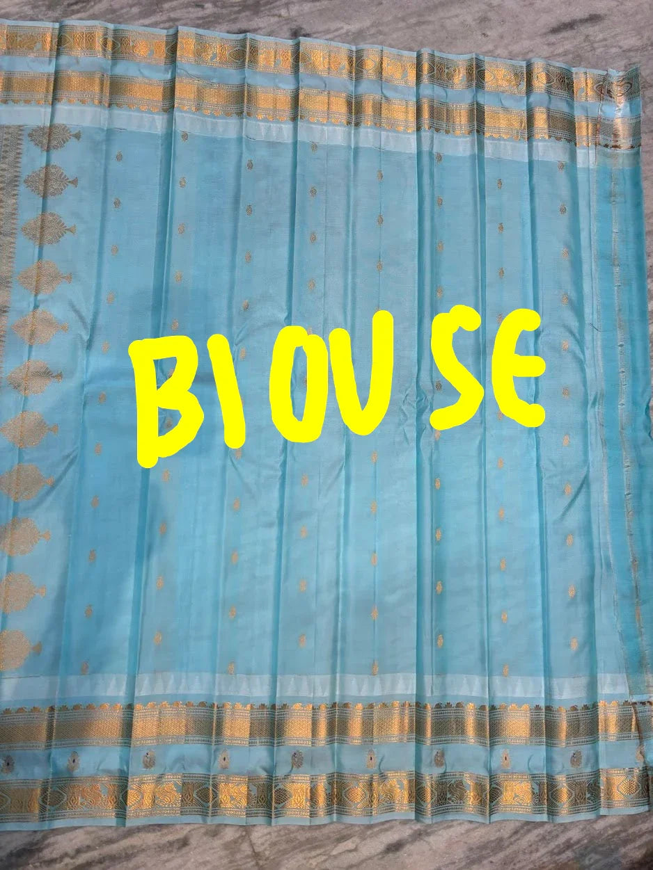 Pure Gadwal Silk Saree in Crimson Red &amp; Sky Blue | Rich Gold Zari Stripe Body &amp; Brocade Pallu | Traditional Wedding Handloom Saree - pochampallysarees.com