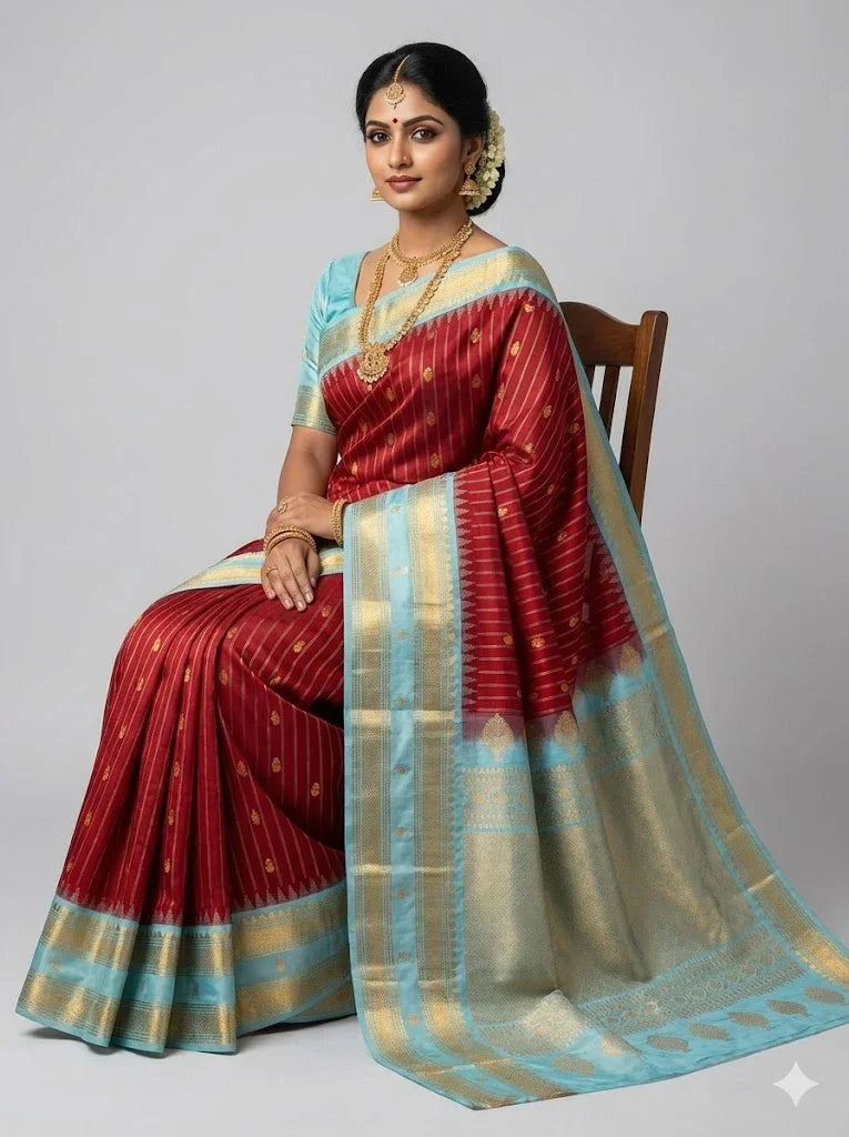 Pure Gadwal Silk Saree in Crimson Red &amp; Sky Blue | Rich Gold Zari Stripe Body &amp; Brocade Pallu | Traditional Wedding Handloom Saree - pochampallysarees.com
