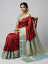 Pure Gadwal Silk Saree in Crimson Red & Sky Blue | Rich Gold Zari Stripe Body & Brocade Pallu | Traditional Wedding Handloom Saree - pochampallysarees.com