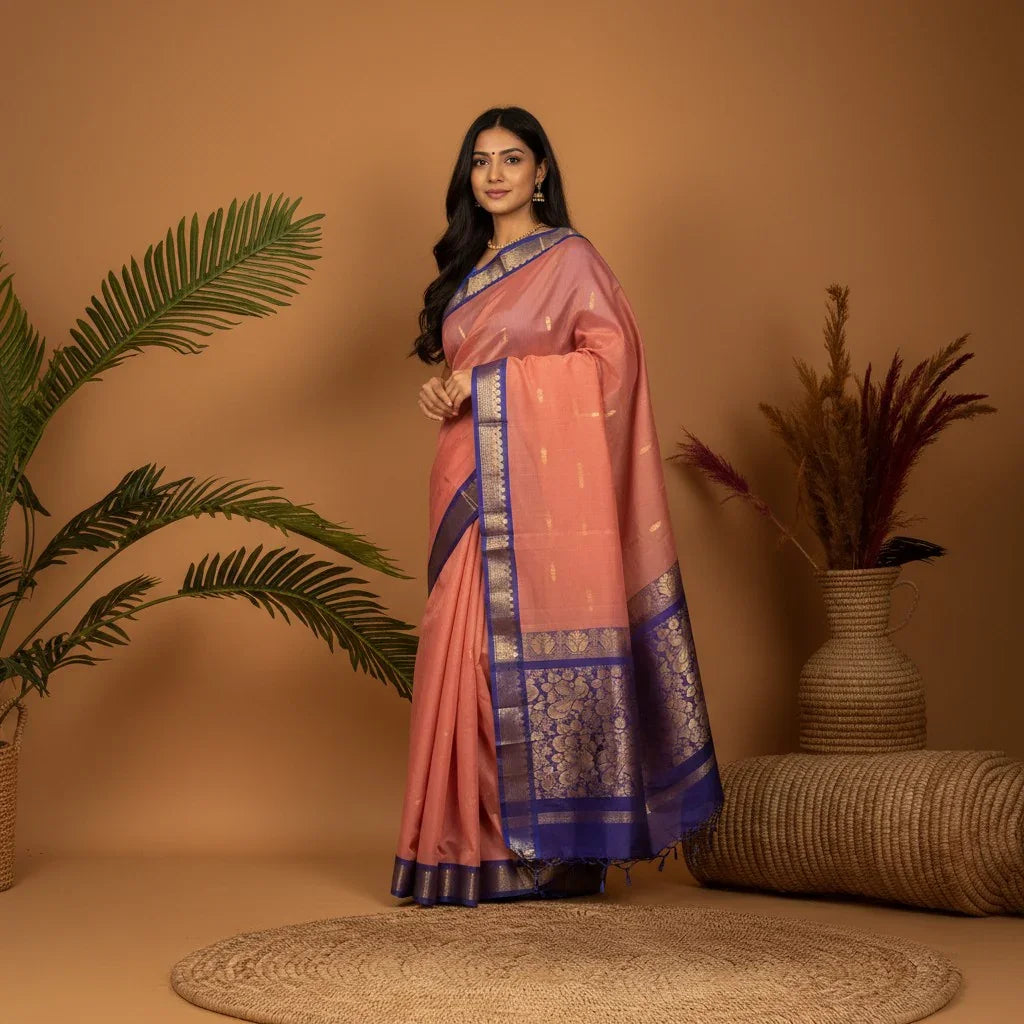 Pure Gadwal Cotton Sari Brown Blue -C14 - pochampallysarees.com