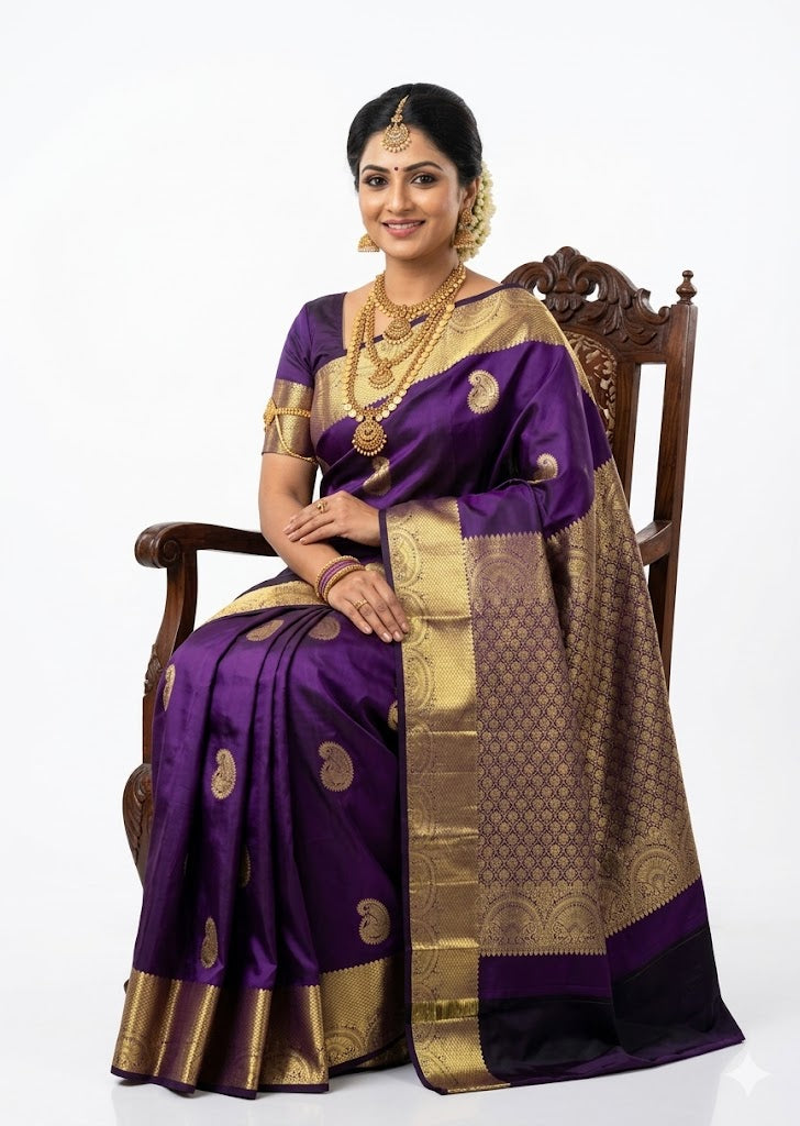 Beautiful traditional woman sitting on a wooden chair wearing an authentic purple pure kanchipuram pattu saree featuring gold zari motifs and a heavy bridal pallu against a white background.