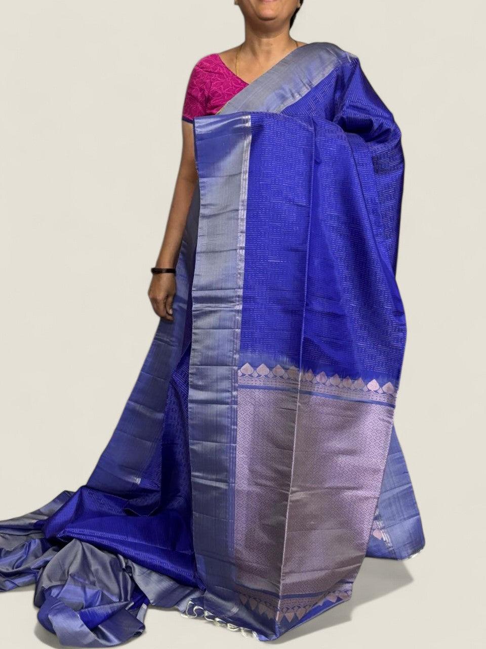 PURE SOFT SILK SAREE BLUE AND GRAY WITH ALLOVER ZARI WEAVES BUTTAS IN BORDER TISSUE STYLE