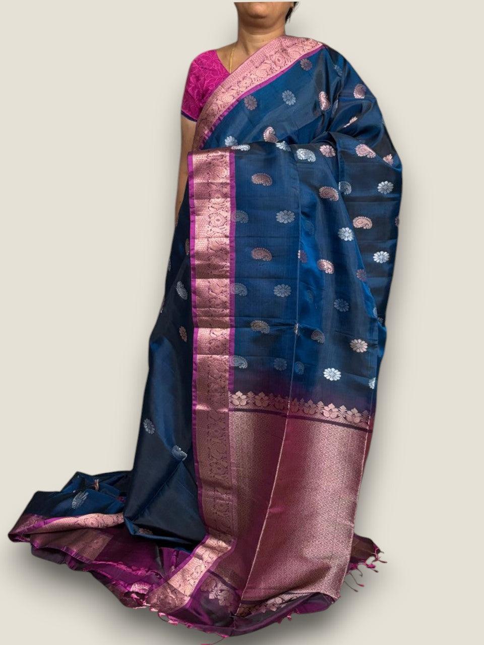 PURE SOFT SILK SAREE BLUE AND PURPLE WITH ALLOVER ZARI WEAVES BUTTAS IN KANCHI BORDER STYLE