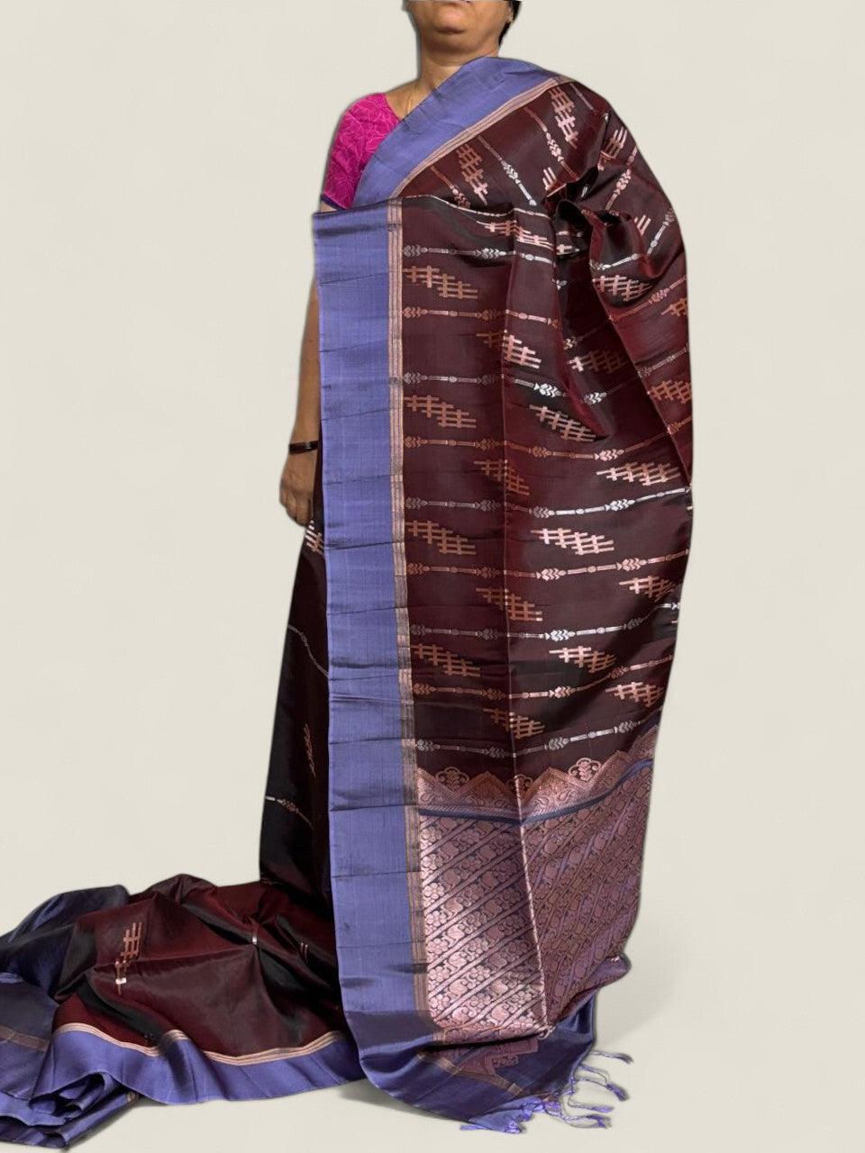 PURE SOFT SILK SAREE CHOCOLATE AND GRAY WITH ALLOVER ZARI WEAVES BUTTAS IN BORDER TISSUE STYLE