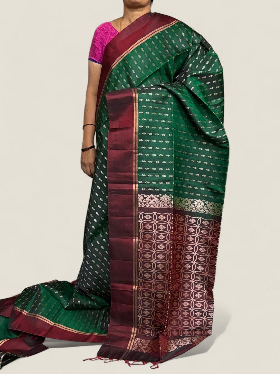 PURE SOFT SILK SAREE GREEN AND MAROON WITH ALLOVER ZARI WEAVES BUTTAS IN PLAIN BORDER