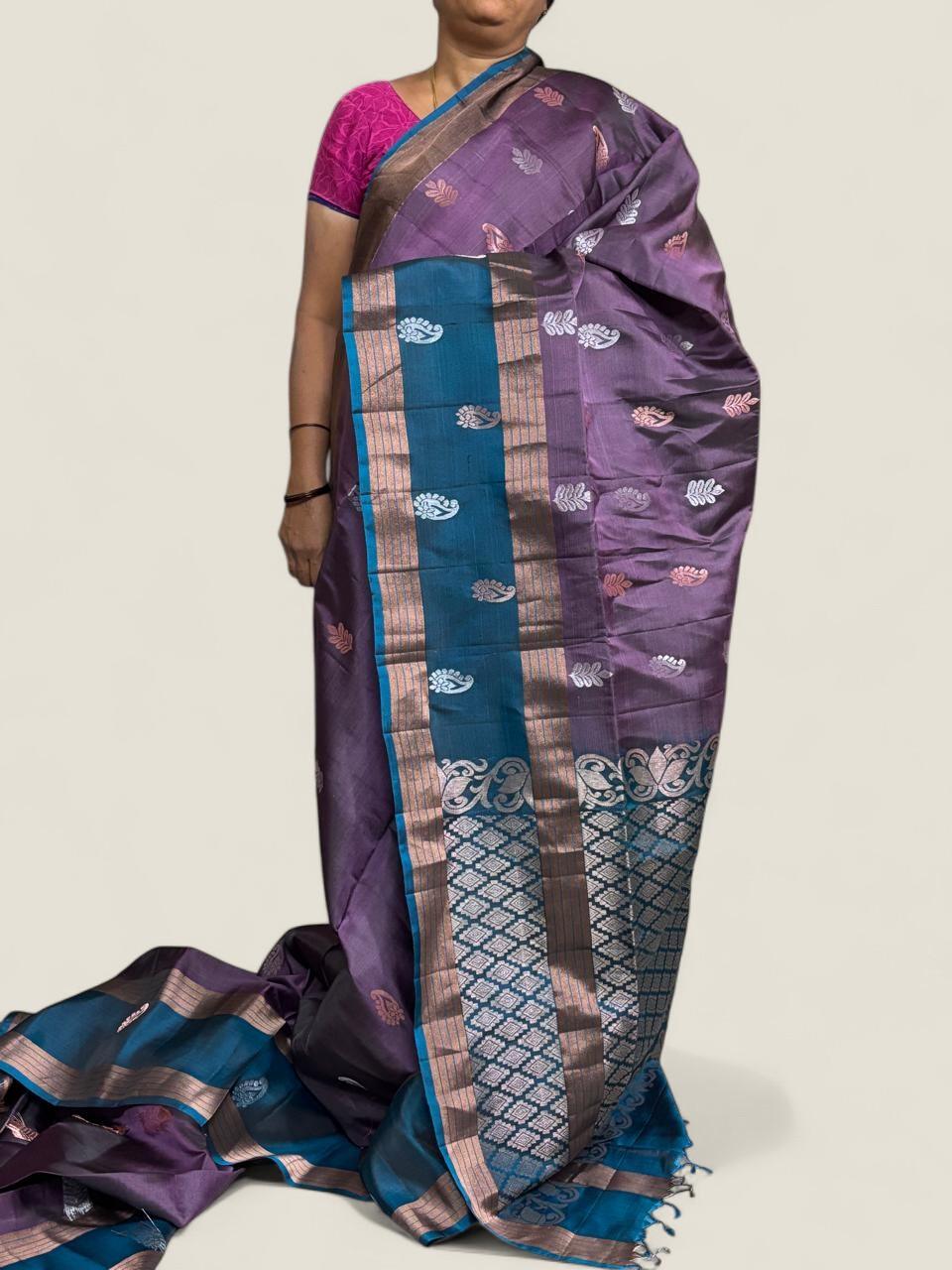 PURE SOFT SILK SAREE LAVENDER AND BLUE WITH ALLOVER ZARI WEAVES BUTTAS IN PLAIN BORDER