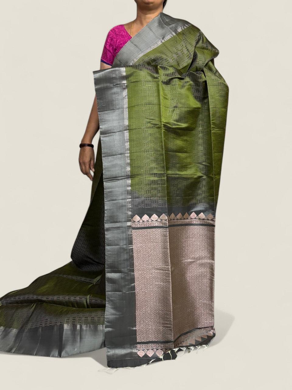 PURE SOFT SILK SAREE OLIVE GREEN AND GRAY WITH ALLOVER ZARI WEAVES BUTTAS IN PLAIN BORDER