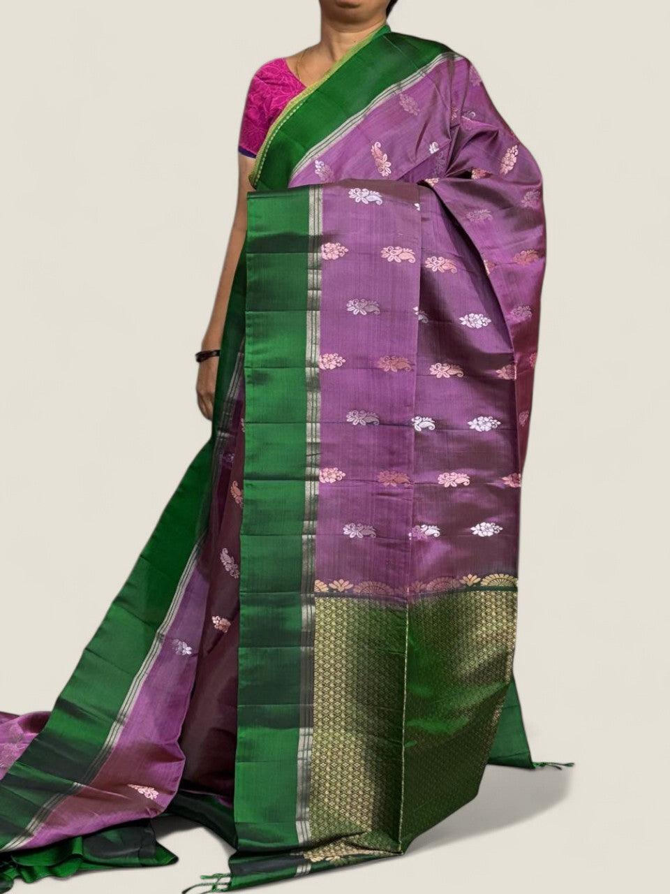 PURE SOFT SILK SAREE PURPLE AND GREEN WITH ALLOVER ZARI WEAVES BUTTAS IN BORDER TISSUE STYLE