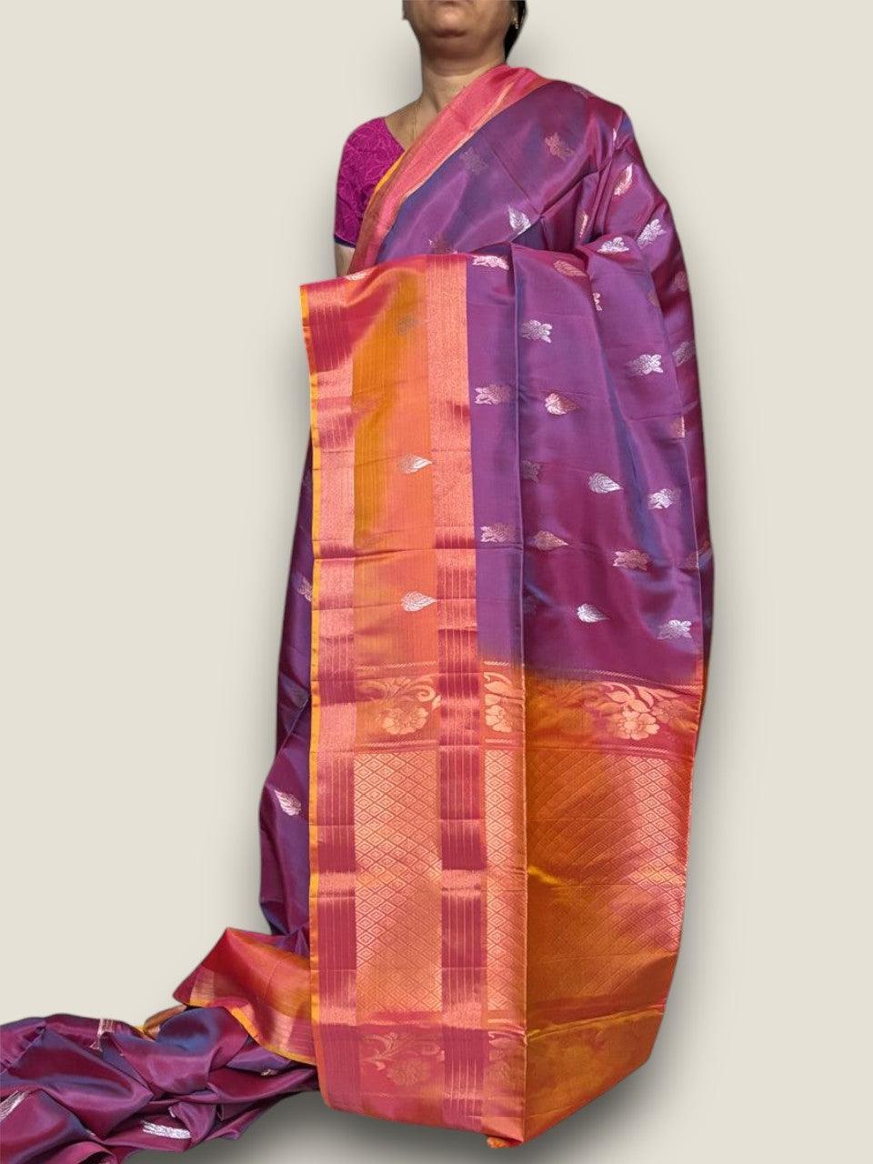 PURE SOFT SILK SAREE PURPLE AND YELLOW WITH ALLOVER ZARI WEAVES BUTTAS IN BORDER TISSUE STYLE