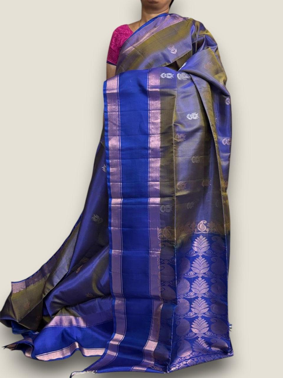 PURE SOFT SILK SAREE SNUFF AND BLUE WITH ALLOVER ZARI WEAVES BUTTAS IN BORDER TISSUE STYLE