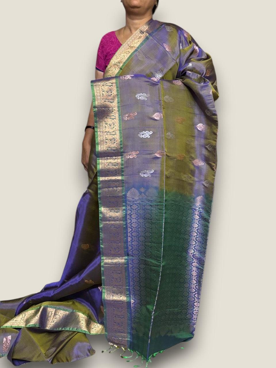 PURE SOFT SILK SAREE SNUFF AND GREEN WITH ALLOVER ZARI WEAVES BUTTAS IN KANCHI BORDER STYLE