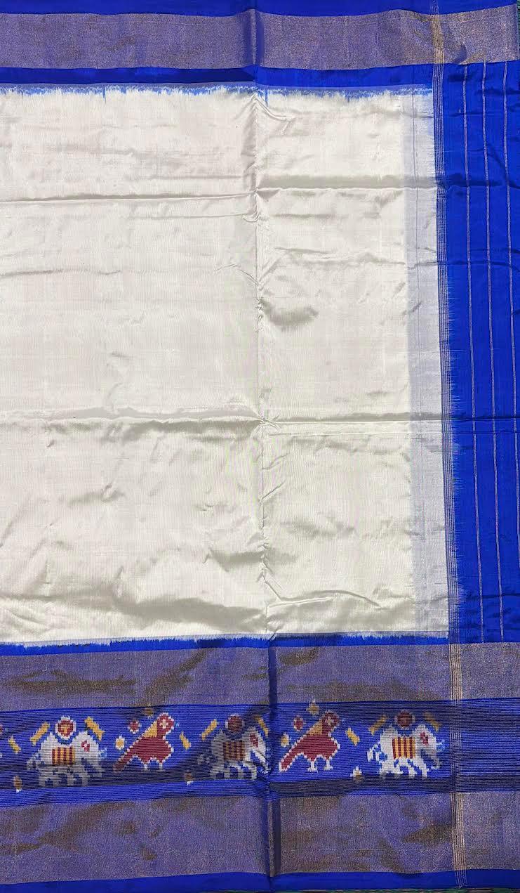 Pure Pochampally Ikkat Silk White Plain Body Blue Pallu Pallu And Blouse