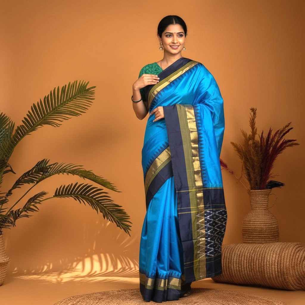 POCHAMPALLY IKKAT SILK MIDDLE BLUE PLAIN BORDER NAVYBLUE PALLU AND BLOUSE SAME AS IKKAT DESIGN SARI - pochampallysarees.com